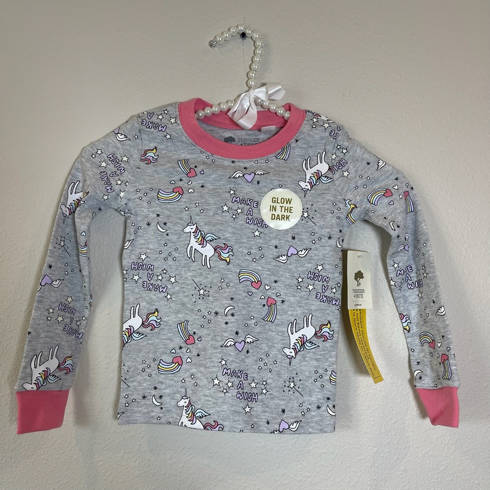 Tucker Tate Girls 4 Pajama Top Glow in the Dark Unicorn Rainbow Grey Pink Cotton
